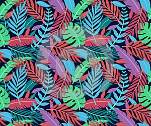 Tropical vector colorful leaves pattern. Summer design.