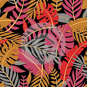 Tropical vector colorful leaves seamless pattern.