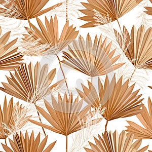 Tropical vector dry palm leaves, pampas grass seamless pattern, watercolor design boho background for wedding