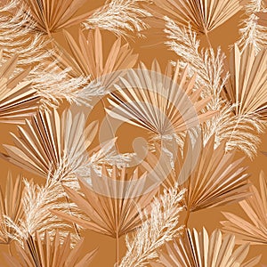 Tropical vector dry palm leaves, pampas grass seamless pattern, watercolor design boho background for wedding