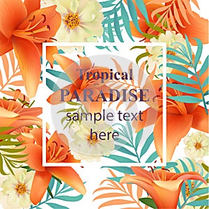 Tropical vector floral card. Summerl template design with palm leaves and exotic flowers