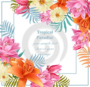 Tropical vector floral card. Summerl template design with palm leaves and exotic flowers