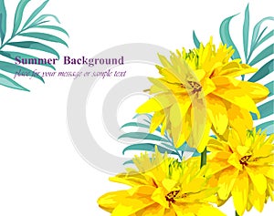 Tropical vector floral card. Summerl template design with palm leaves and exotic yellow flowers