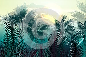 Tropical vector jungle landscape with palm trees and leafs.