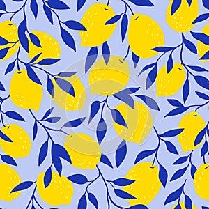 Tropical vector seamless pattern with yellow lemons on the blue background. Fruit repeated background.