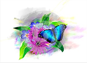 Tropical vegetation and butterflies on the background of multicolored paint splashes.