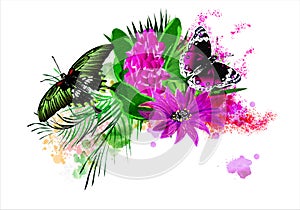 Tropical vegetation and butterflies on the background of multicolored paint splashes.