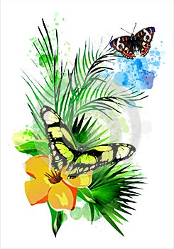 Tropical vegetation and butterflies on the background of multicolored paint splashes.