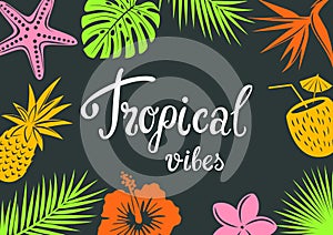 Tropical vibes background with tropic flowers silhouettes hibiscus, bird of paradise