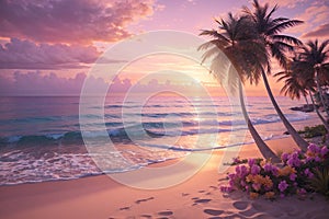 Tropical View with Palm Trees, Beach, Sea, Flowers, Sky and Sunset