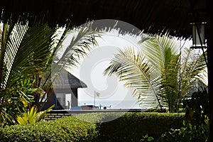 Tropical view of resort of maldives, rangali island, selective focus, blur background