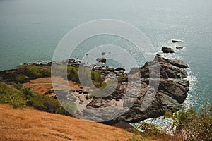 Tropical view to the ocean, beautiful hilly coastline in Gokarna, Karnataka, India