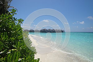 Tropical view to the water bungalows on Fihalhohi Island