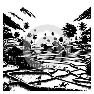 Tropical Village Amidst Rice Terraces and Mountains Black and White Vector