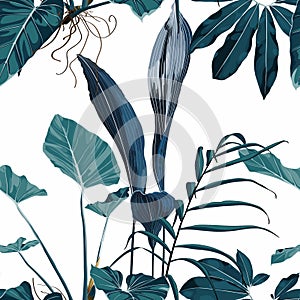 Tropical vintage banana palm, monstera, plant, floral seamless border white background.