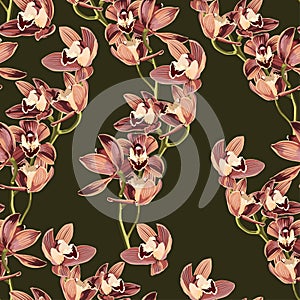 Tropical vintage beige brown orchid flower seamless pattern, darck green background.