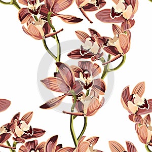 Tropical vintage beige brown orchid flower seamless pattern, white background.