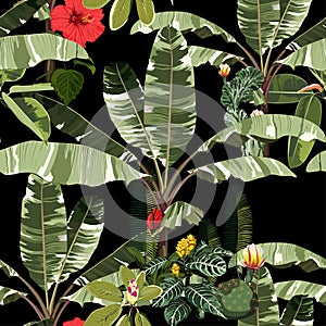 Tropical vintage exotic flowers, palm trees, banana tree floral seamless pattern black background.