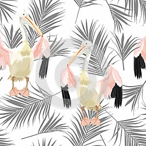 Tropical vintage grey palm leaves, pelican floral seamless pattern on white background.