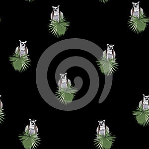 Tropical vintage night landscape, dark palm leaves, wild animal floral seamless pattern black background.