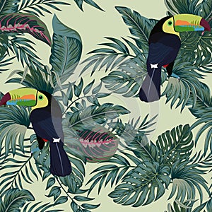 Tropical vintage palm leaves, banana leaves, toucan parrot, seamless pattern black background. Exotic jungle wallpaper