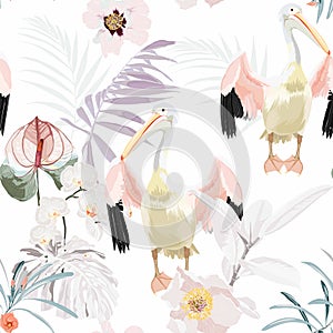 Tropical vintage palm leaves and flowers, pelican floral seamless pattern on white background.