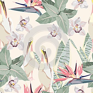 Tropical vintage palm leaves and plants, exotic flowers, pelican floral seamless pattern, light yellow background.