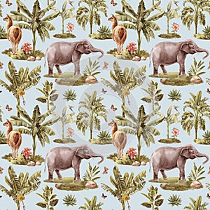 Tropical vintage palm seamless pattern, Exotic jungle background. Hand drawn painting animal alpaca and elephant