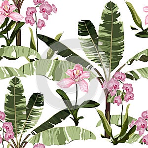 Tropical vintage pink orchid, palm trees, banana tree floral seamless pattern white background.