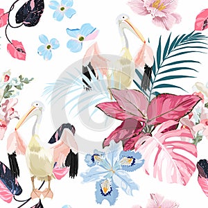 Tropical vintage pink palm leaves and blue flowers, pelican floral seamless pattern on white background.