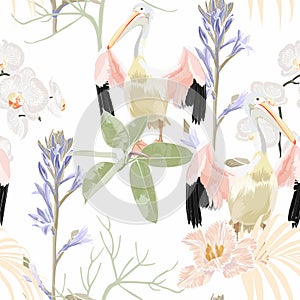 Tropical vintage white palm leaves and flowers, pelican birds floral seamless pattern on white background.