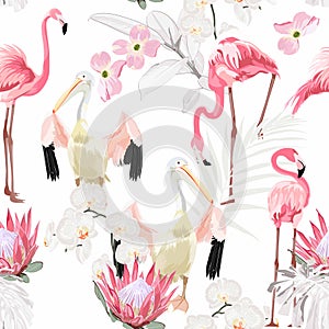 Tropical vintage white palm leaves and pink flowers, pelican flamingo birds floral seamless pattern on white background.