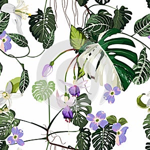 Tropical violet flowers and tropical leaves, light background. Seamless pattern. Jungle foliage illustration. Exotic plants.