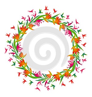 Tropical vivid flower and colibri birds in round frame.