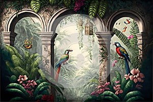 Tropical wall arch wallpaper palm trees birds and parro photo
