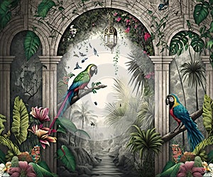 Tropical wall arch wallpaper palm trees birds and parro photo