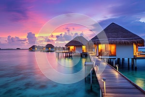 tropical water home villas resort at Maldives island at summer vacation, Picturesque summer sunset in Maldives. Luxury resort