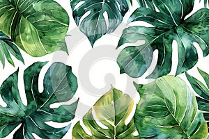 Tropical watercolor background of green monstera and palm leaves on white background