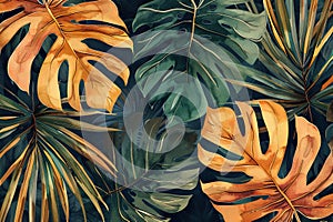 Tropical watercolor background of monstera and palm leaves on dark background