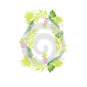 Tropical watercolor illustration. A wreath of tropical pineapples and palm leaves, monstera.