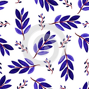 Tropical watercolor leaves seamless pattern. Vector texture with hand paint violet branches.