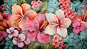 Tropical watercolor palm leaves and exotic flowers forming a seamless pattern