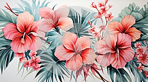 Tropical watercolor palm leaves and exotic flowers forming a seamless pattern