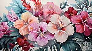 Tropical watercolor palm leaves and exotic flowers forming a seamless pattern