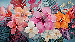 Tropical watercolor palm leaves and exotic flowers forming a seamless pattern