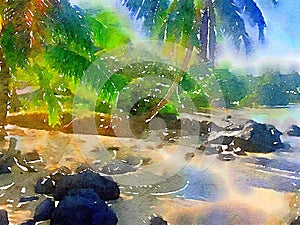 Tropical watercolor palm trees by the beach in Hawaii