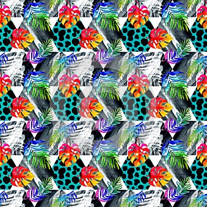 Tropical watercolor pattern with colorful palm leaves, monstera, leopard spots and stone texture
