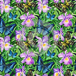 Tropical watercolor plants. Trendy seamless floral pattern, butterflies, flower and palm leaves