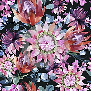 Tropical watercolor protea flowers seamless pattern. Exotic pink bouquet, eucalyptus, twigs and leaves