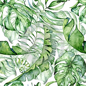 Tropical watercolor seamless pattern with green leaves illustration